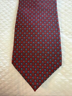 Vintage Nautica 100% Silk Tie in red burgundy blue geometric grid pattern